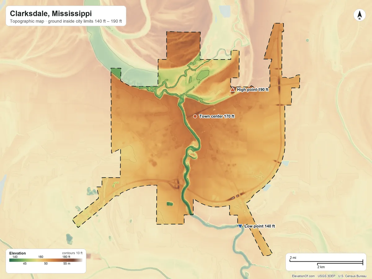 Topographic elevation map of Clarksdale, Mississippi, shaded from 140 ft on the south side to 190 ft on the northeast side