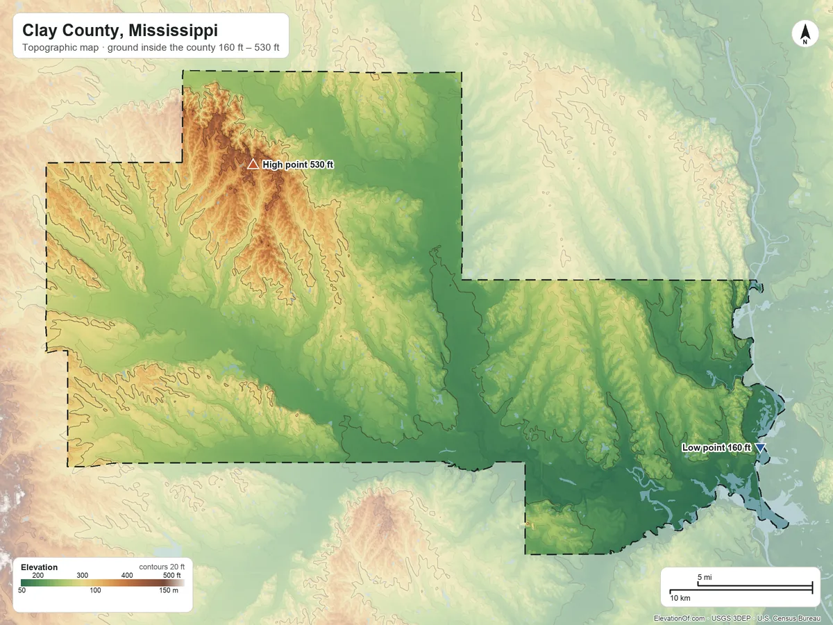 Topographic elevation map of Clay County, Mississippi, shaded from 160 ft on the east side to 530 ft on the northwest side