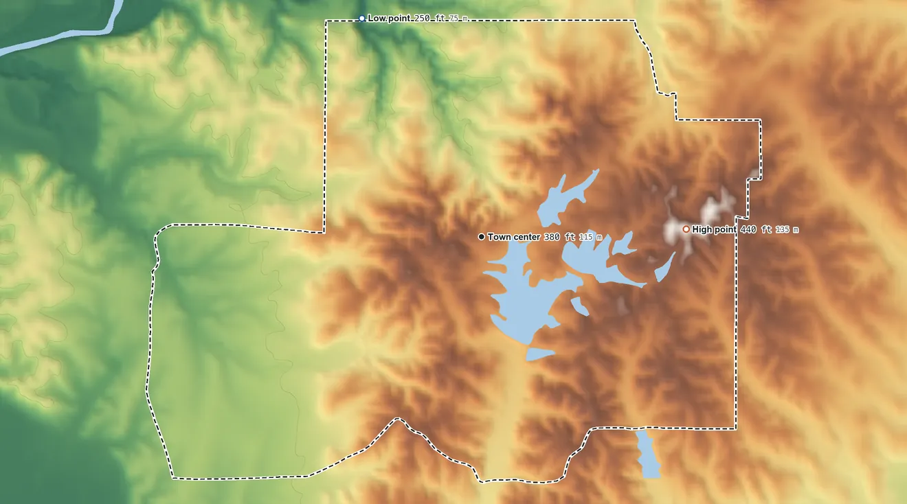 Topographic elevation map of Cleary, Mississippi, shaded from 250 ft on the northwest side to 440 ft on the east side