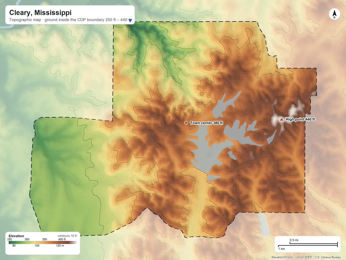 Topographic elevation map of Cleary, Mississippi, shaded from 250 ft on the northwest side to 440 ft on the east side