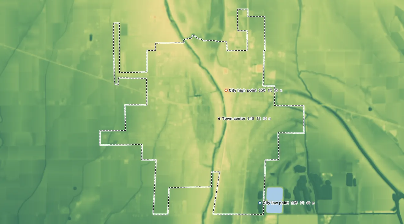Topographic elevation map of Cleveland, Mississippi, shaded from 130 ft on the southeast side to 150 ft on the north side
