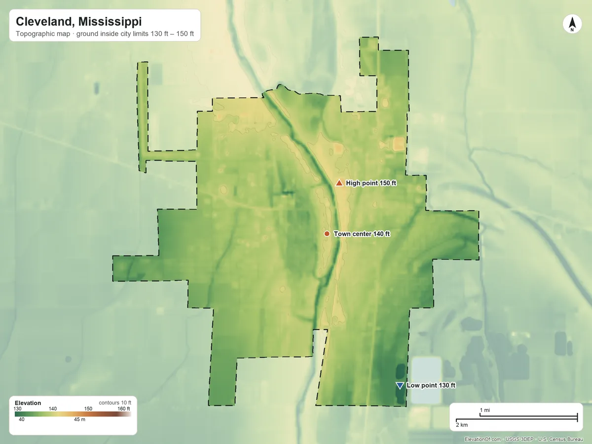 Topographic elevation map of Cleveland, Mississippi, shaded from 130 ft on the southeast side to 150 ft on the north side
