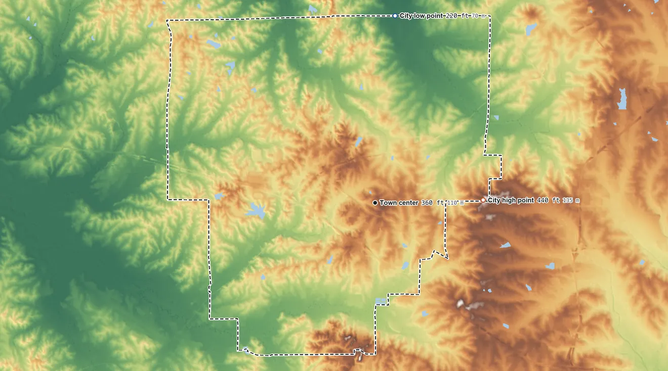 Topographic elevation map of Clinton, Mississippi, shaded from 220 ft on the north side to 440 ft on the east side
