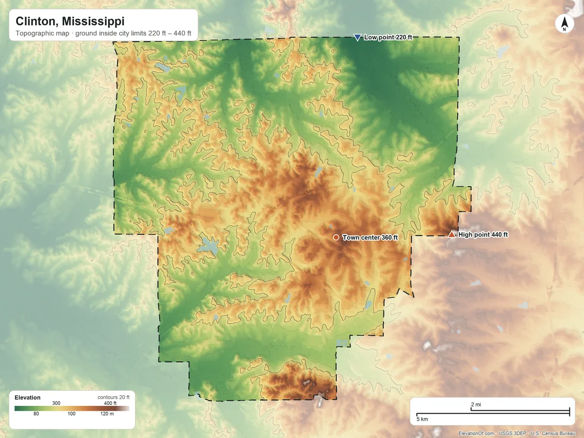 Topographic elevation map of Clinton, Mississippi, shaded from 220 ft on the north side to 440 ft on the east side