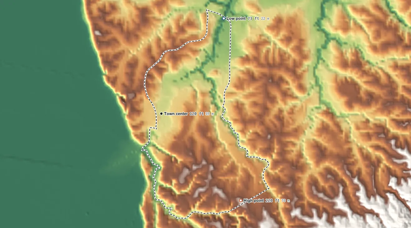 Topographic elevation map of Cloverdale, Mississippi, shaded from 73 ft on the northeast side to 220 ft on the southeast side