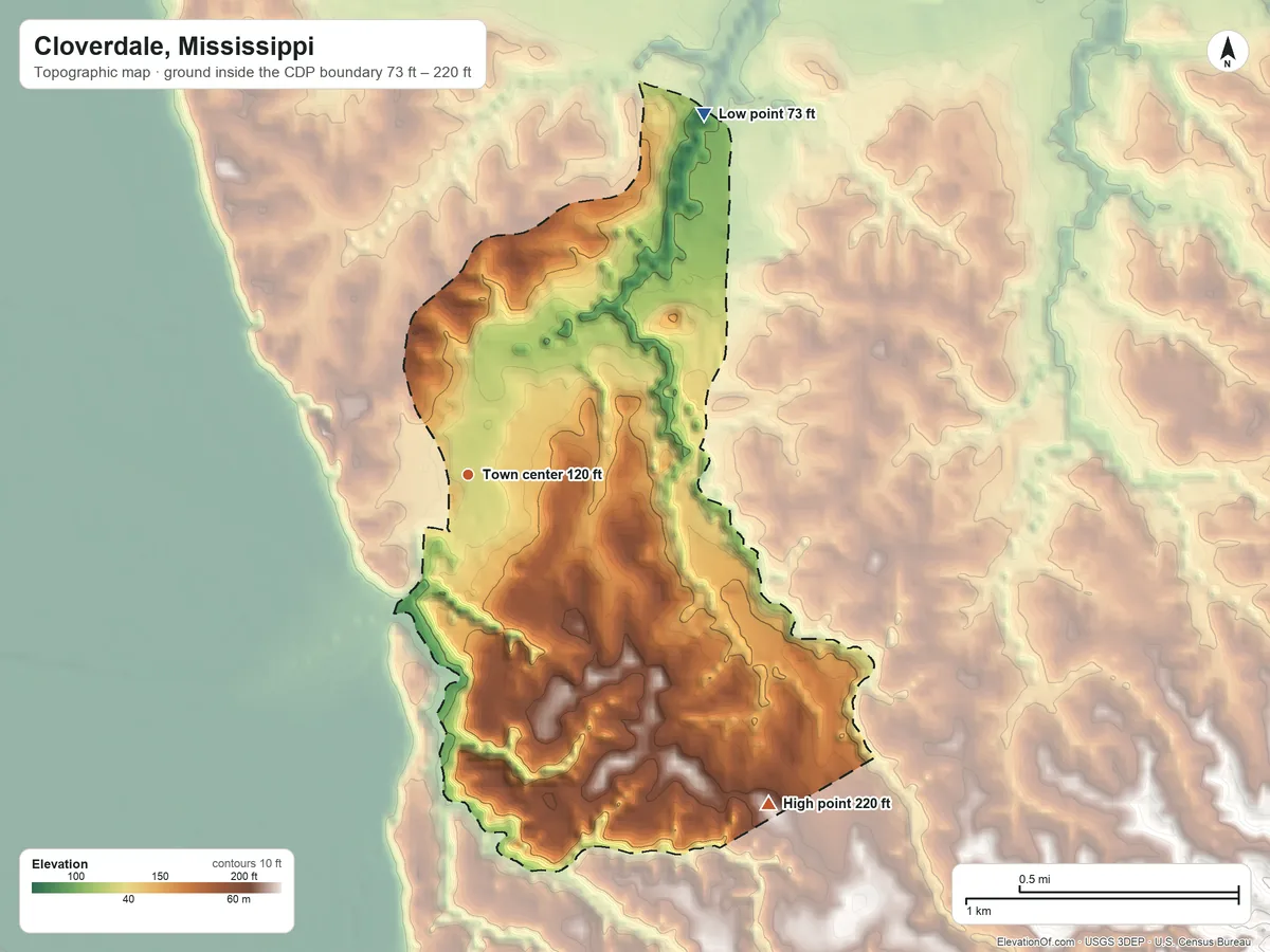 Topographic elevation map of Cloverdale, Mississippi, shaded from 73 ft on the northeast side to 220 ft on the southeast side