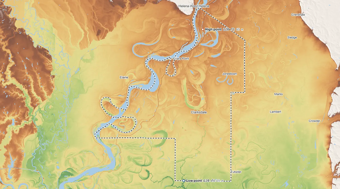Topographic elevation map of Coahoma County, Mississippi, shaded from 120 ft on the south side to 220 ft on the northeast side