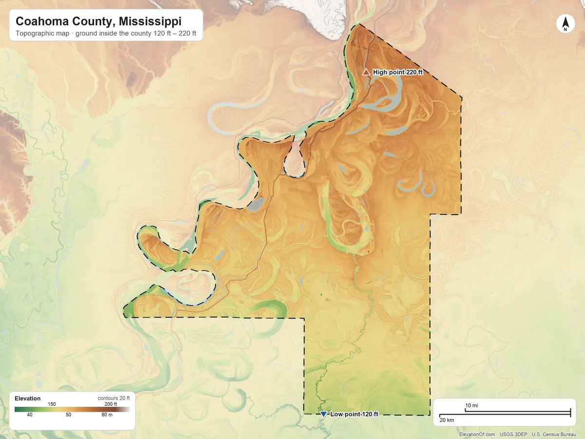 Topographic elevation map of Coahoma County, Mississippi, shaded from 120 ft on the south side to 220 ft on the northeast side