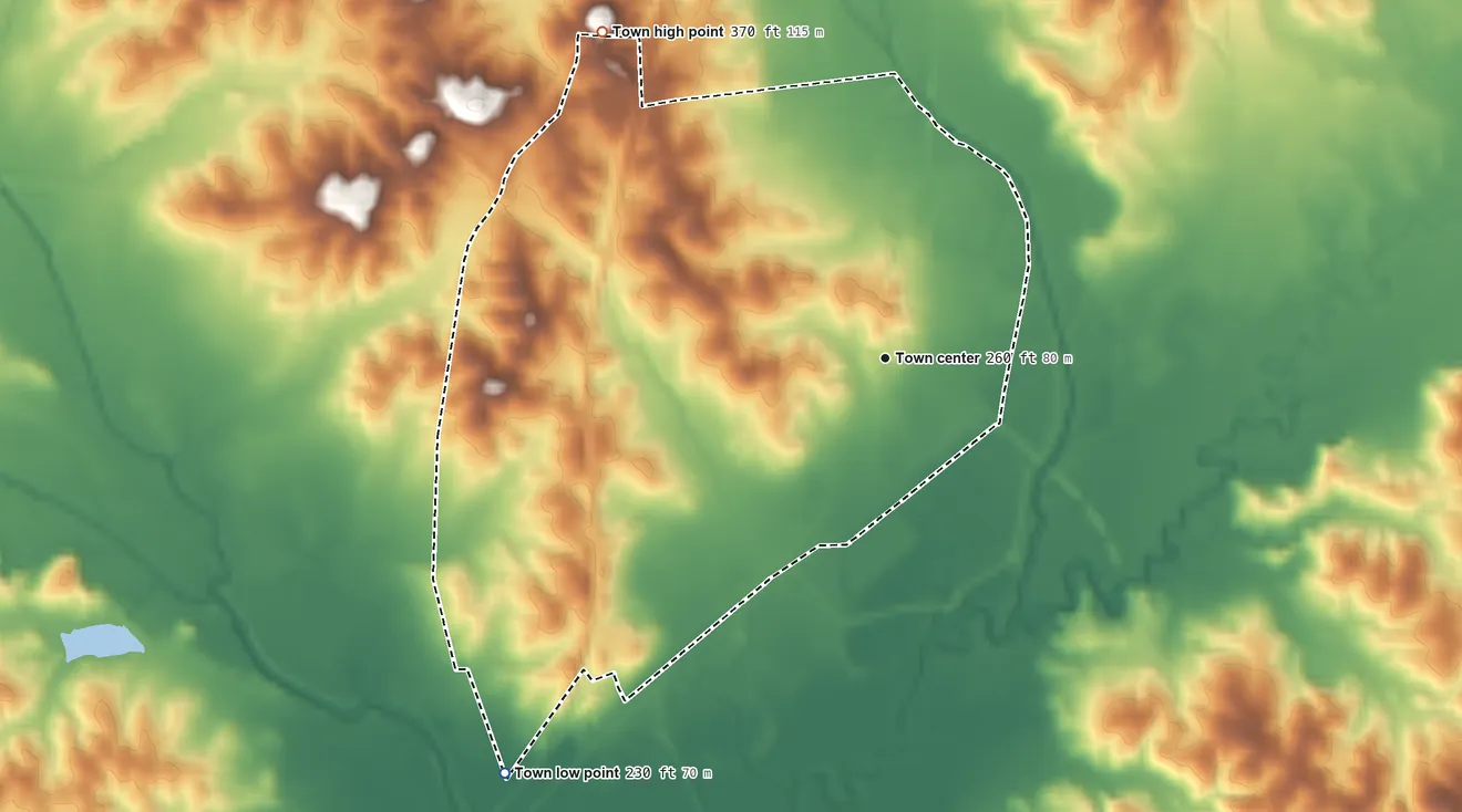 Topographic elevation map of Coffeeville, Mississippi, shaded from 230 ft on the southwest side to 370 ft on the northwest side