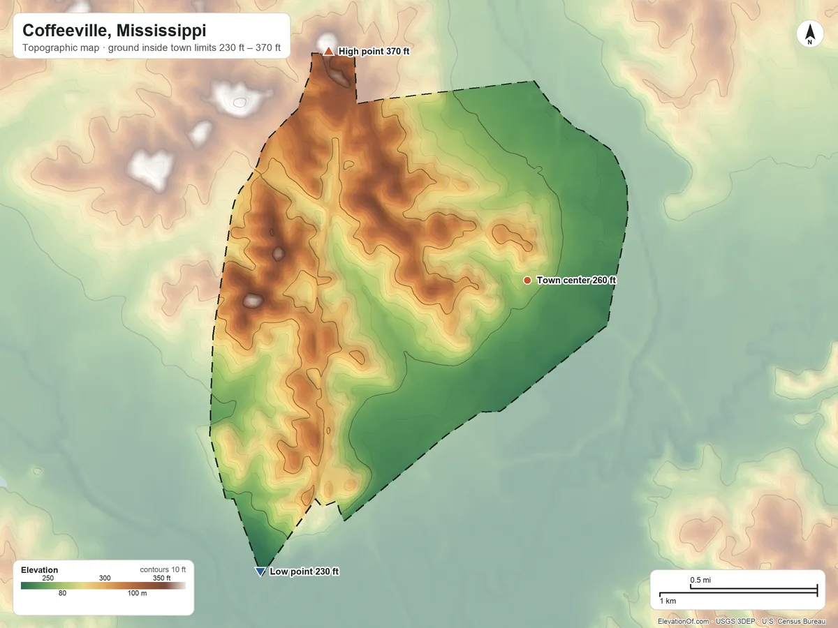 Topographic elevation map of Coffeeville, Mississippi, shaded from 230 ft on the southwest side to 370 ft on the northwest side