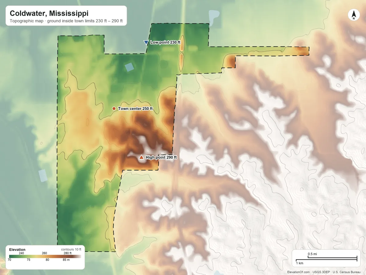 Topographic elevation map of Coldwater, Mississippi, shaded from 230 ft on the northeast side to 290 ft on the southeast side