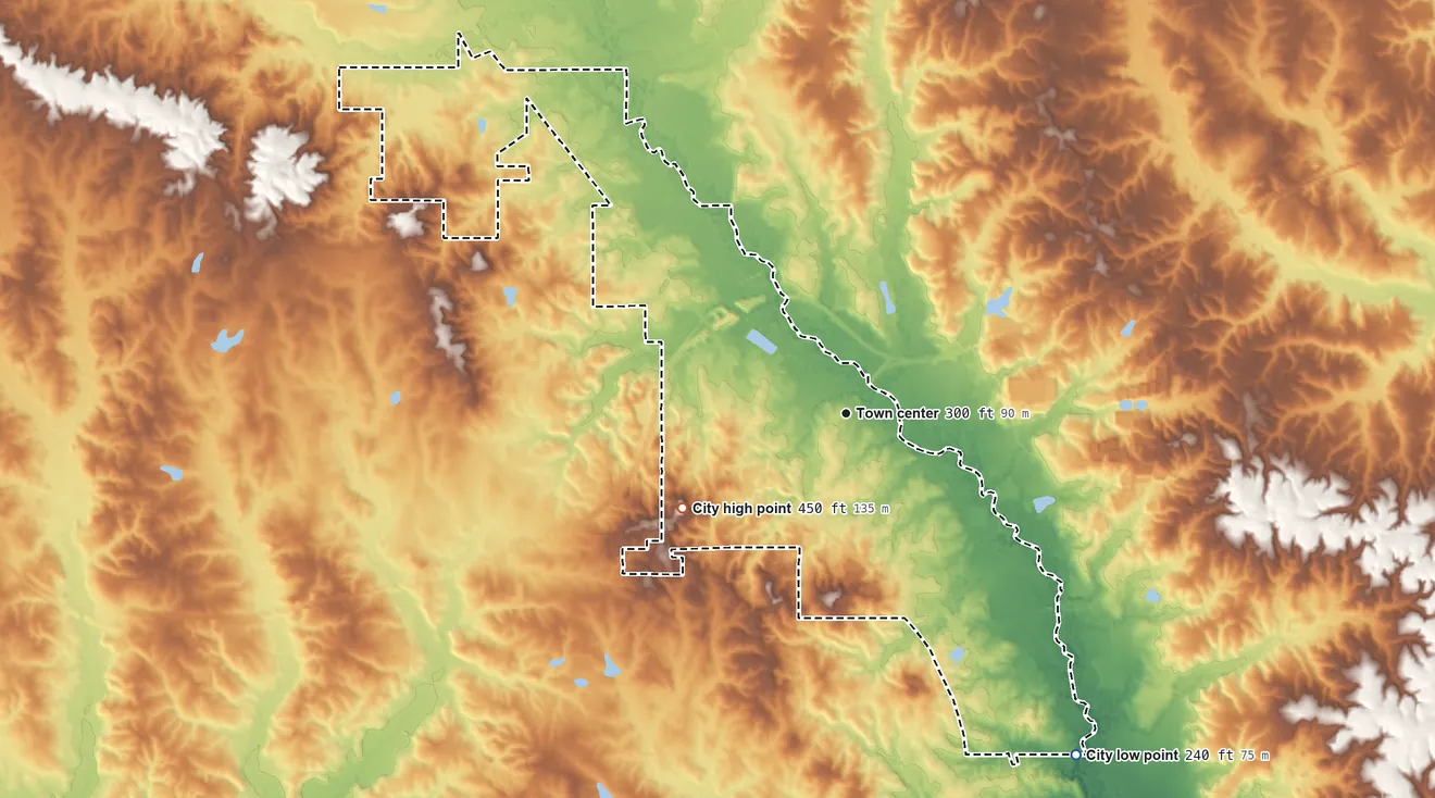 Topographic elevation map of Collins, Mississippi, shaded from 240 ft on the southeast side to 450 ft on the southwest side