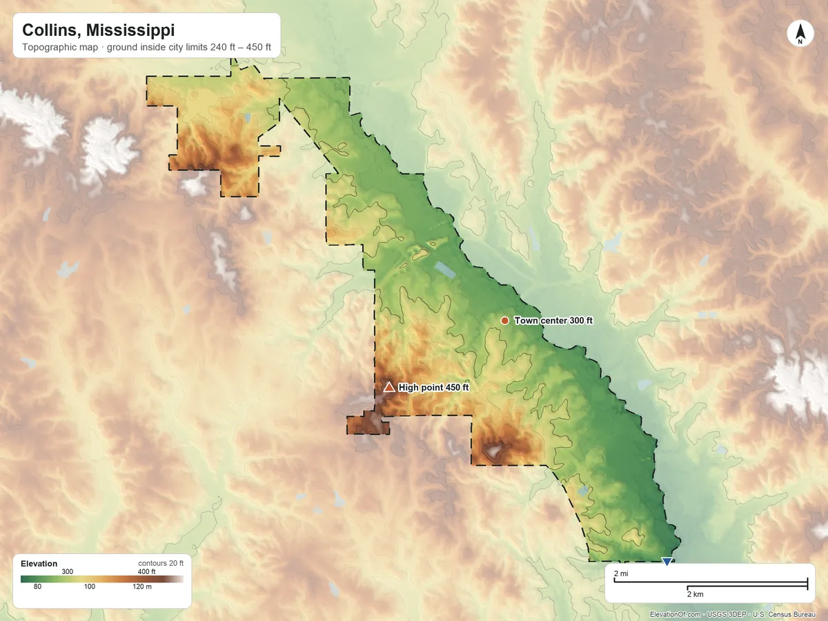 Topographic elevation map of Collins, Mississippi, shaded from 240 ft on the southeast side to 450 ft on the southwest side