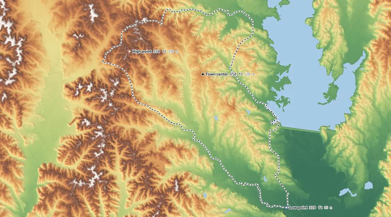 Topographic elevation map of Collinsville, Mississippi, shaded from 320 ft on the southeast side to 550 ft on the west side