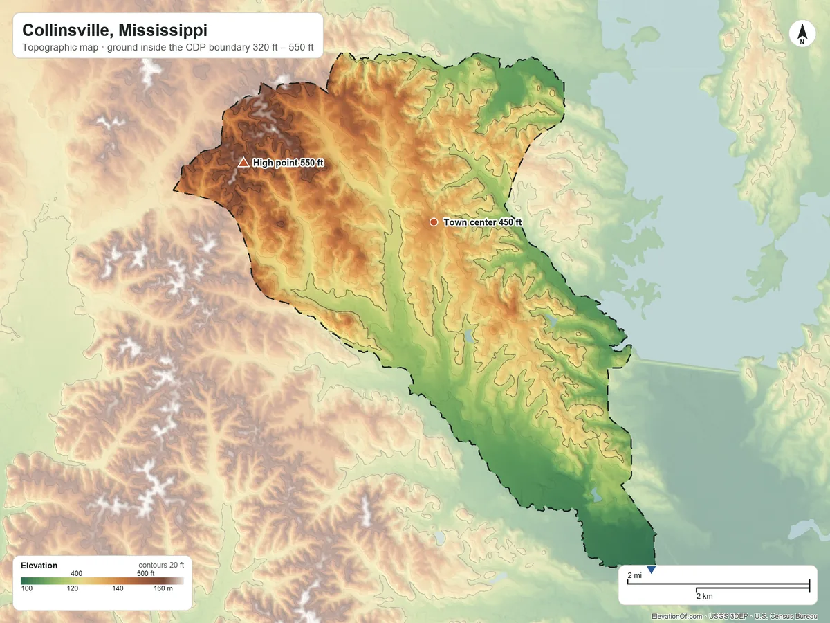 Topographic elevation map of Collinsville, Mississippi, shaded from 320 ft on the southeast side to 550 ft on the west side