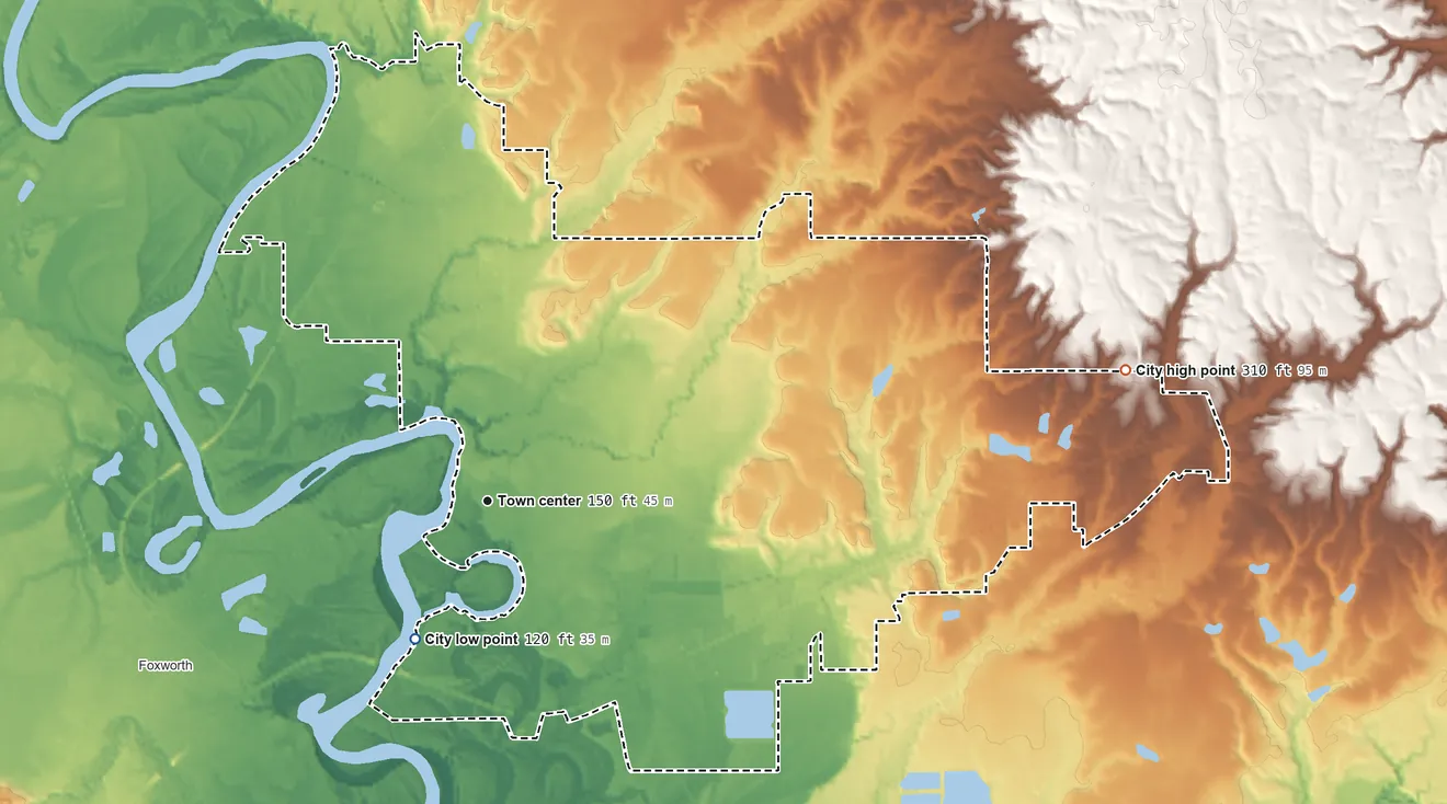Topographic elevation map of Columbia, Mississippi, shaded from 120 ft on the southwest side to 310 ft on the east side