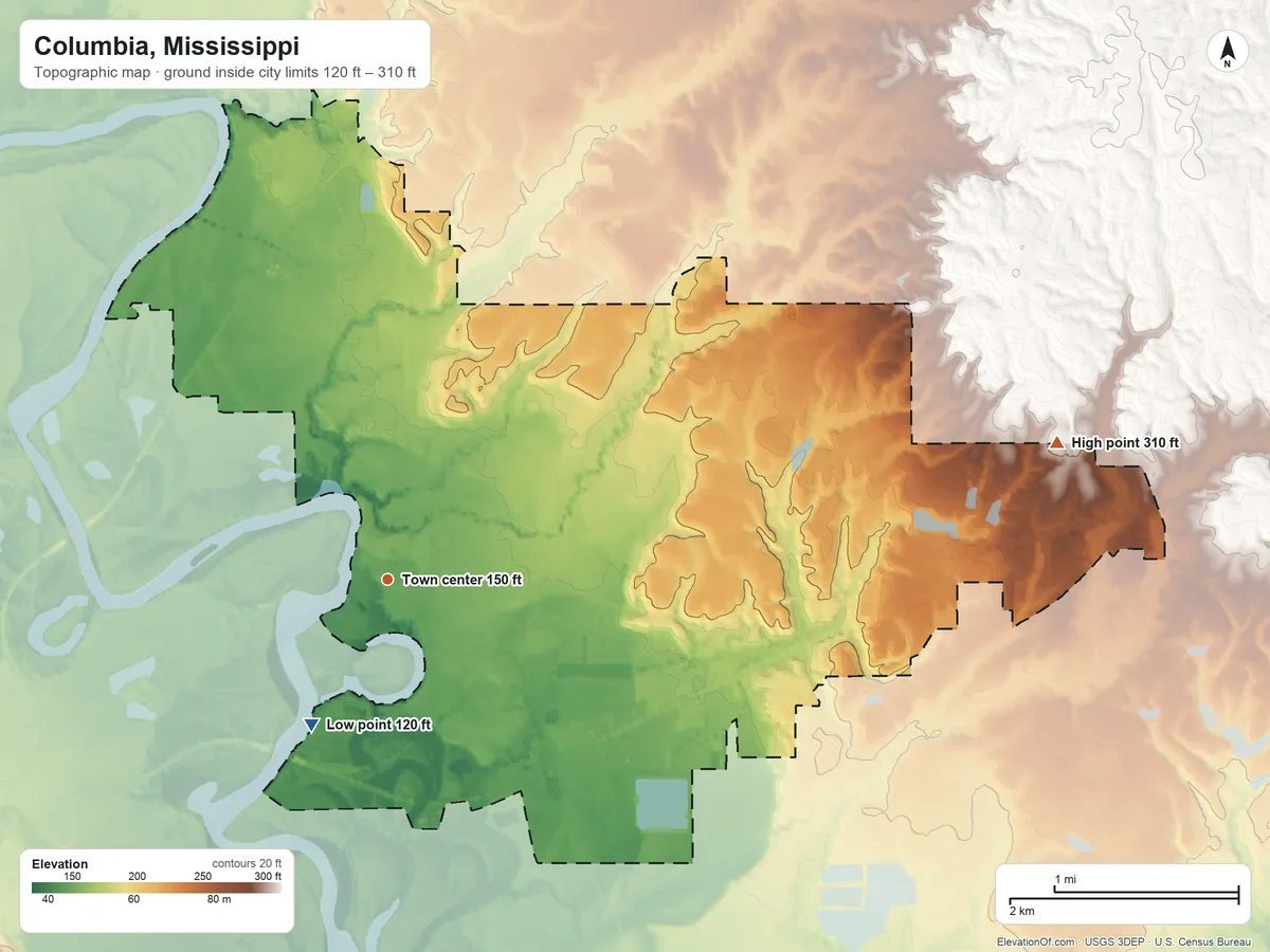 Topographic elevation map of Columbia, Mississippi, shaded from 120 ft on the southwest side to 310 ft on the east side