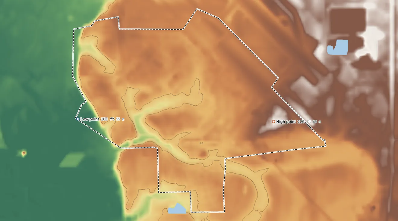 Topographic elevation map of Columbus AFB, Mississippi, shaded from 180 ft on the southwest side to 220 ft on the east side