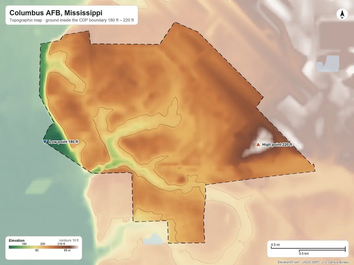 Topographic elevation map of Columbus AFB, Mississippi, shaded from 180 ft on the southwest side to 220 ft on the east side