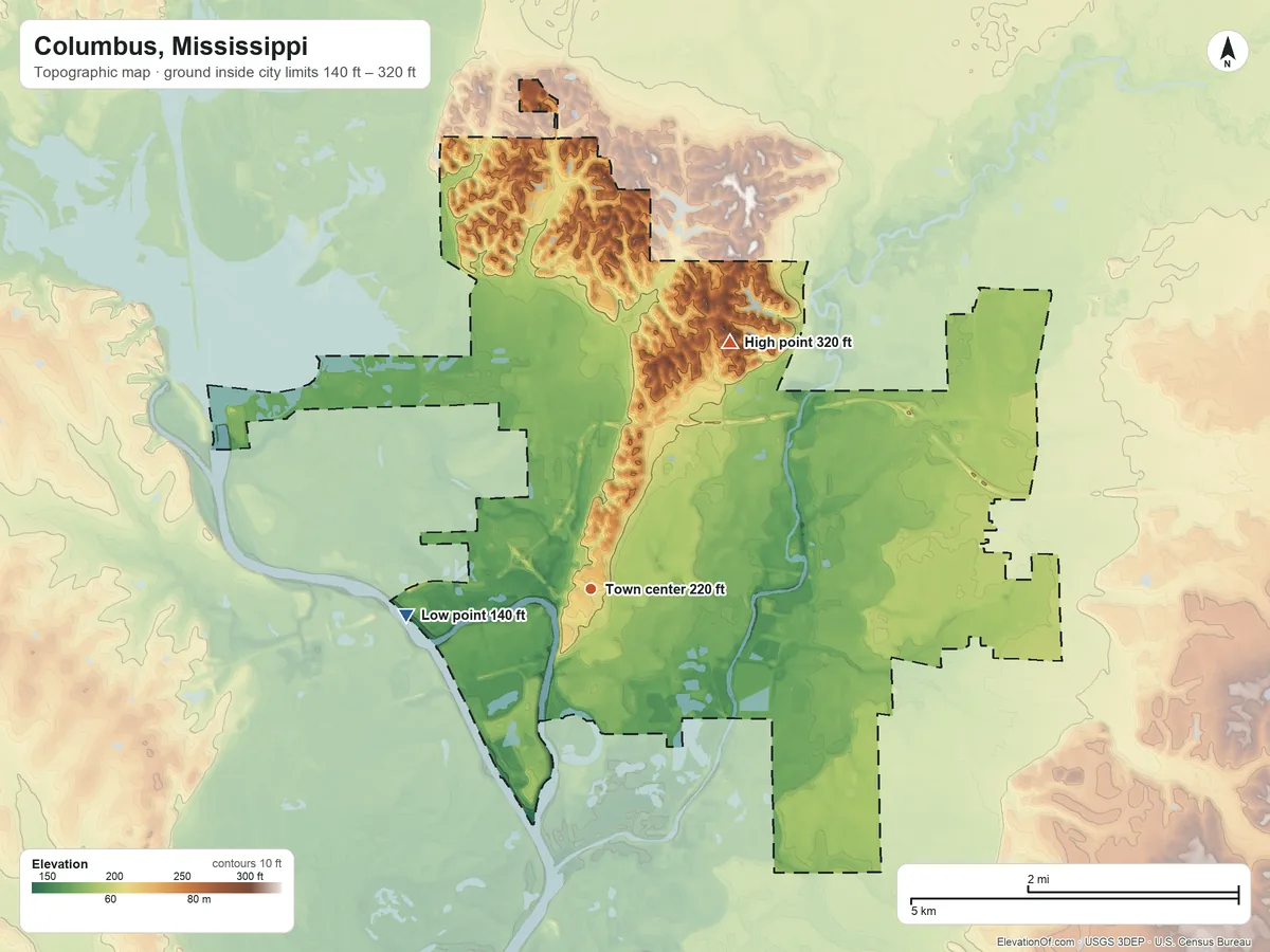 Topographic elevation map of Columbus, Mississippi, shaded from 140 ft on the west side to 320 ft on the northeast side