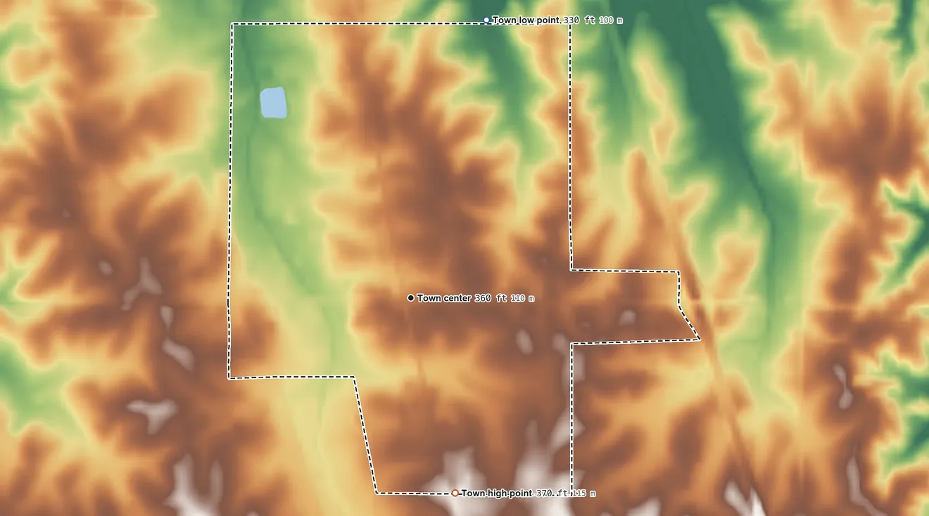 Topographic elevation map of Como, Mississippi, shaded from 330 ft on the north side to 370 ft on the south side