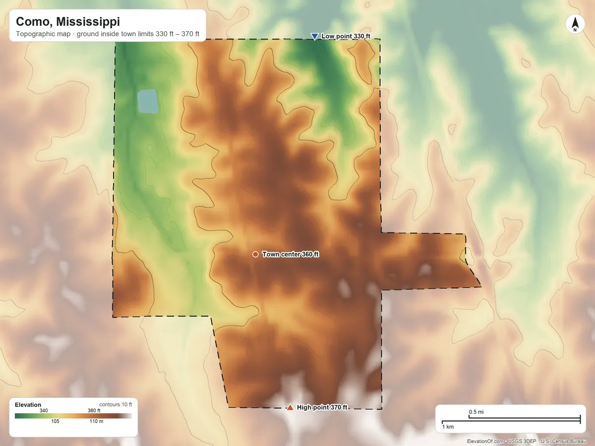 Topographic elevation map of Como, Mississippi, shaded from 330 ft on the north side to 370 ft on the south side