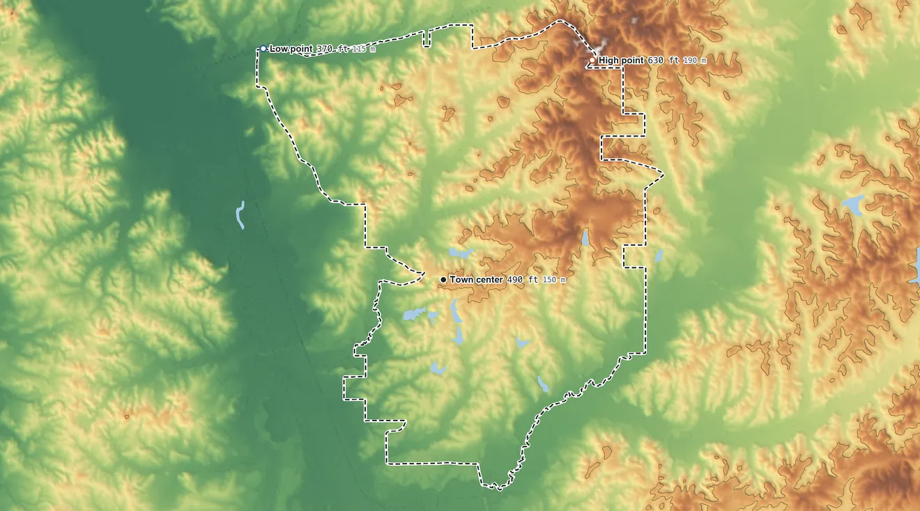 Topographic elevation map of Conehatta, Mississippi, shaded from 370 ft on the northwest side to 630 ft on the northeast side