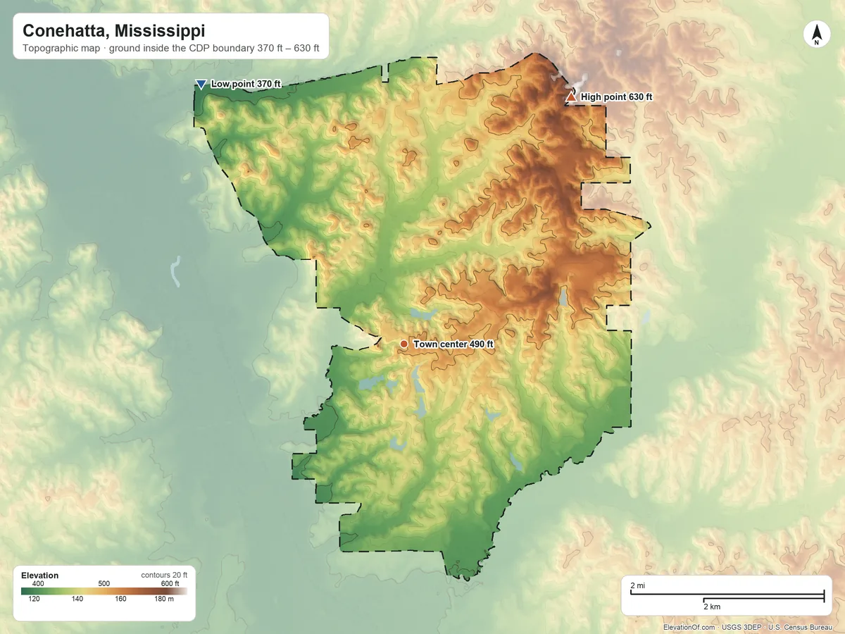Topographic elevation map of Conehatta, Mississippi, shaded from 370 ft on the northwest side to 630 ft on the northeast side