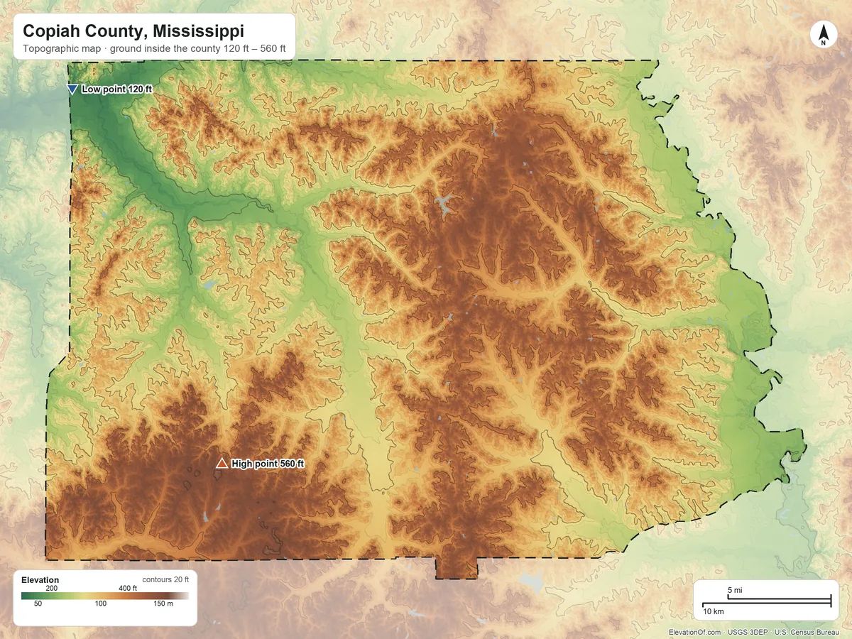Topographic elevation map of Copiah County, Mississippi, shaded from 120 ft on the northwest side to 560 ft on the southwest side