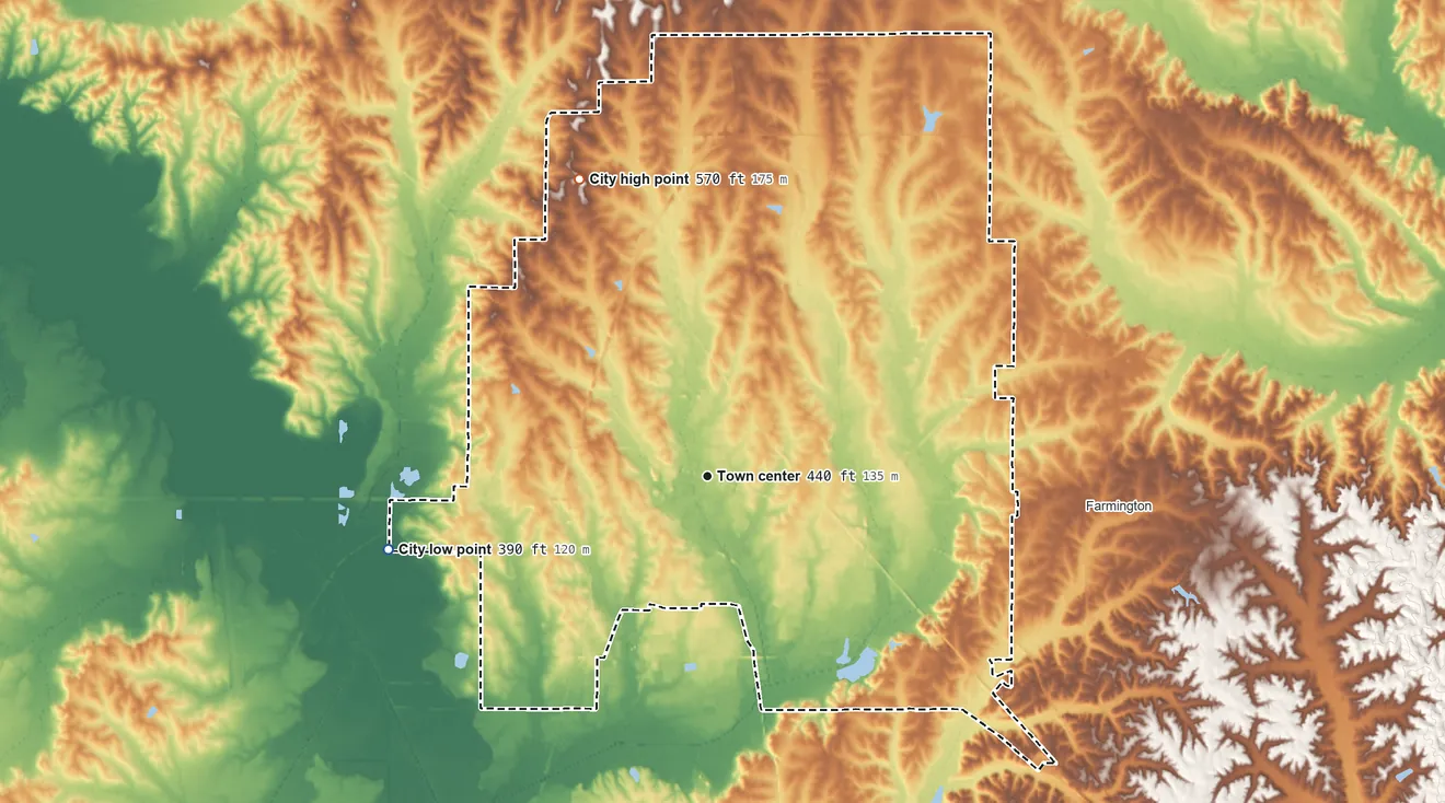 Topographic elevation map of Corinth, Mississippi, shaded from 390 ft on the west side to 570 ft on the northwest side