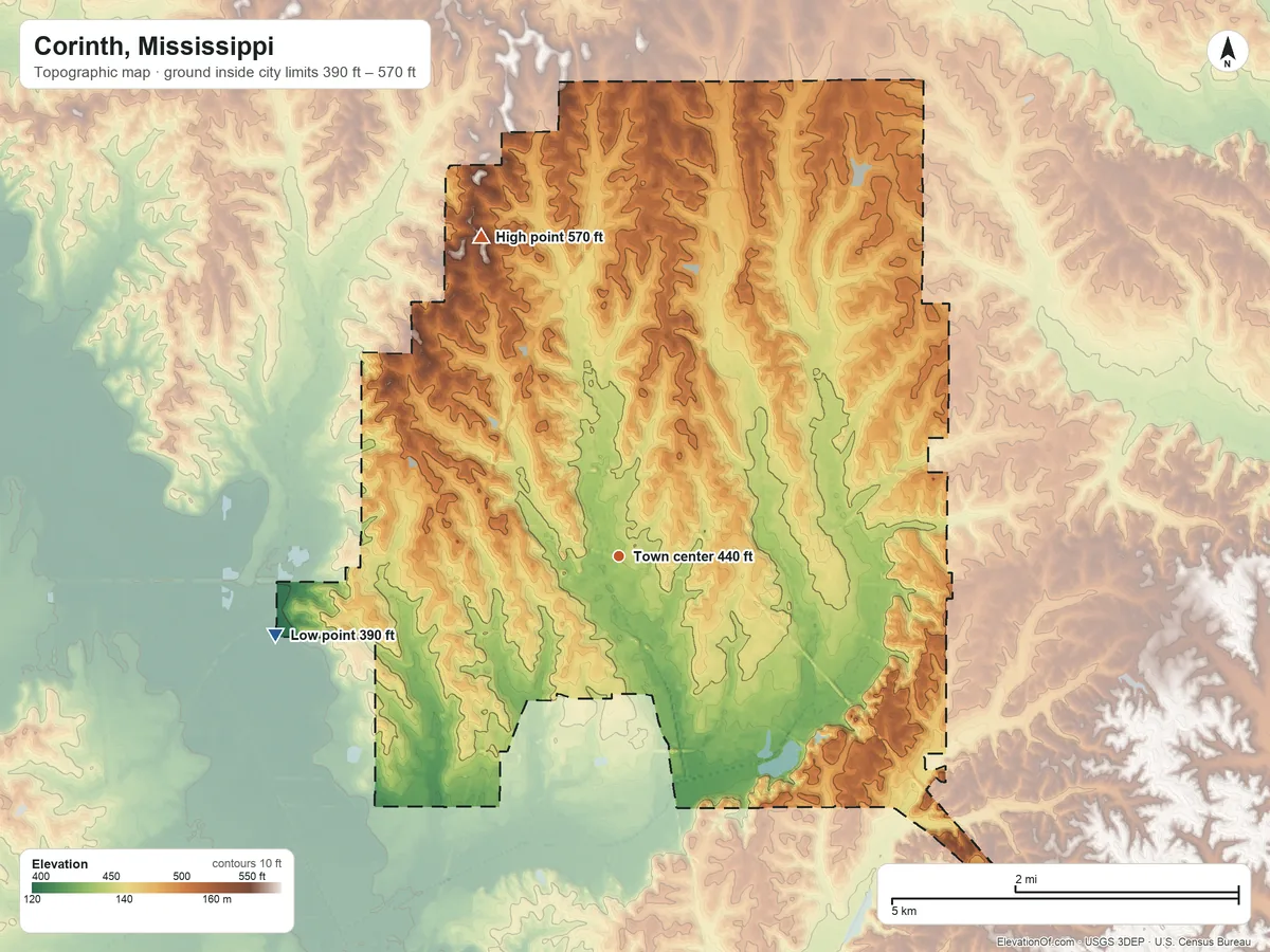 Topographic elevation map of Corinth, Mississippi, shaded from 390 ft on the west side to 570 ft on the northwest side