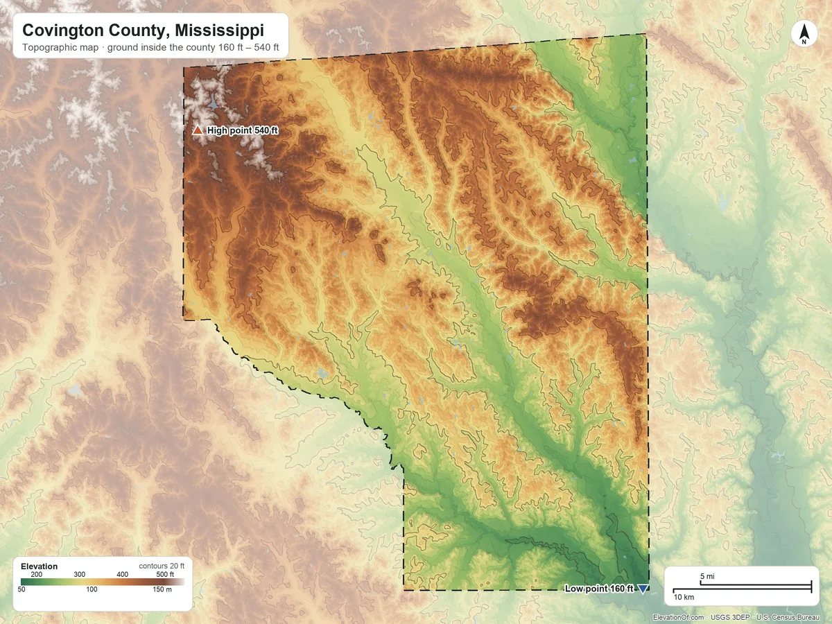 Topographic elevation map of Covington County, Mississippi, shaded from 160 ft on the southeast side to 540 ft on the northwest side