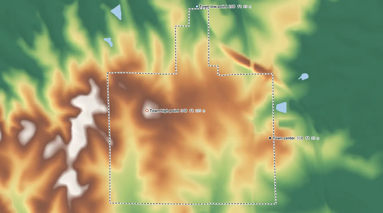 Topographic elevation map of Crawford, Mississippi, shaded from 280 ft on the northwest side to 340 ft on the west side