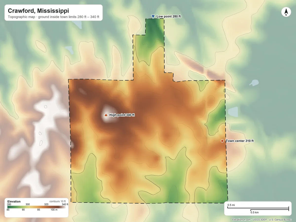 Topographic elevation map of Crawford, Mississippi, shaded from 280 ft on the northwest side to 340 ft on the west side