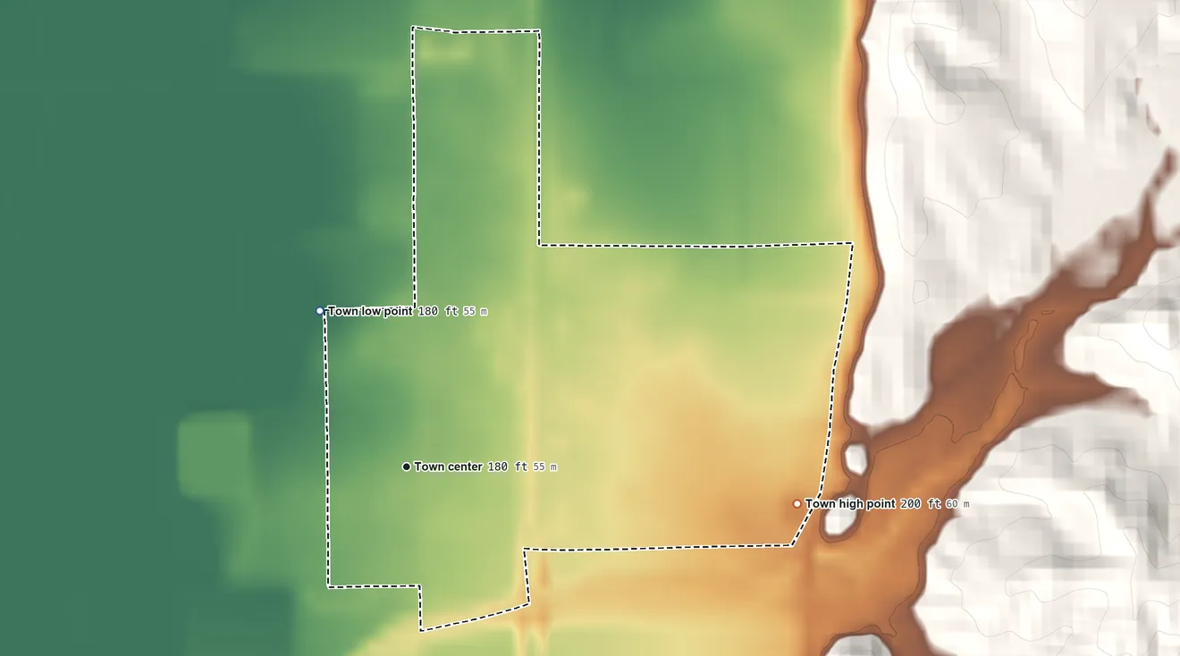 Topographic elevation map of Crenshaw, Mississippi, shaded from 180 ft on the northwest side to 200 ft on the east side