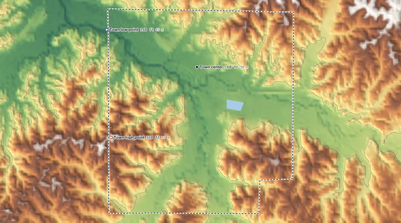 Topographic elevation map of Crosby, Mississippi, shaded from 140 ft on the west side to 320 ft on the southwest side