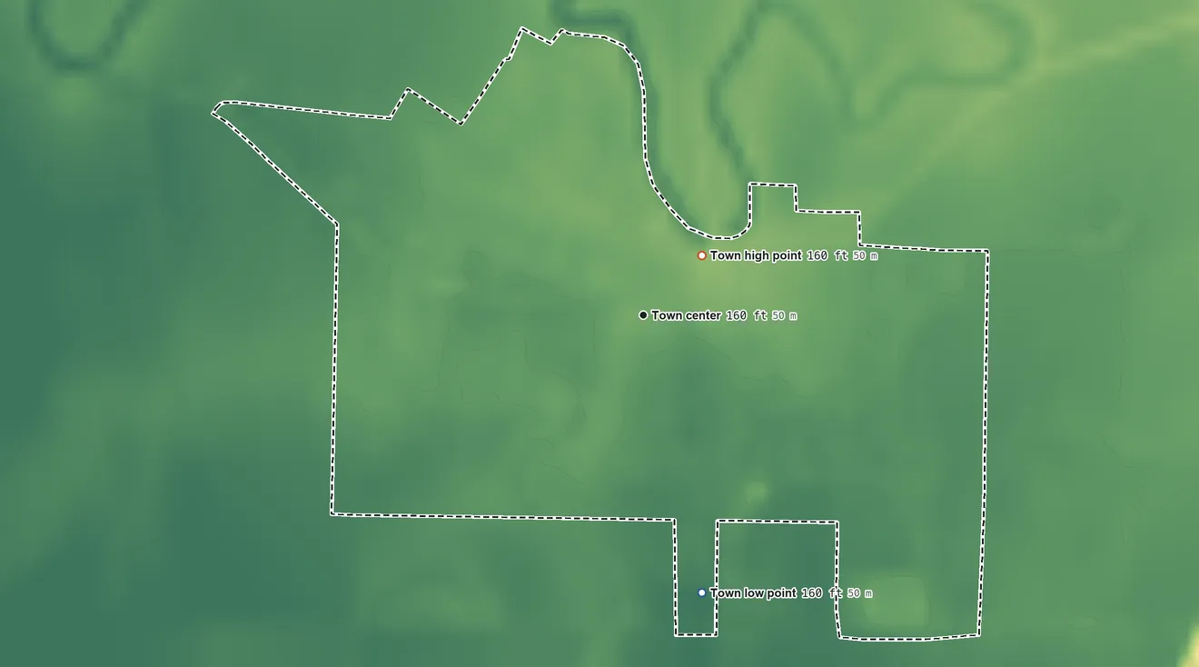 Topographic elevation map of Crowder, Mississippi, shaded from 160 ft on the south side to 160 ft near the middle