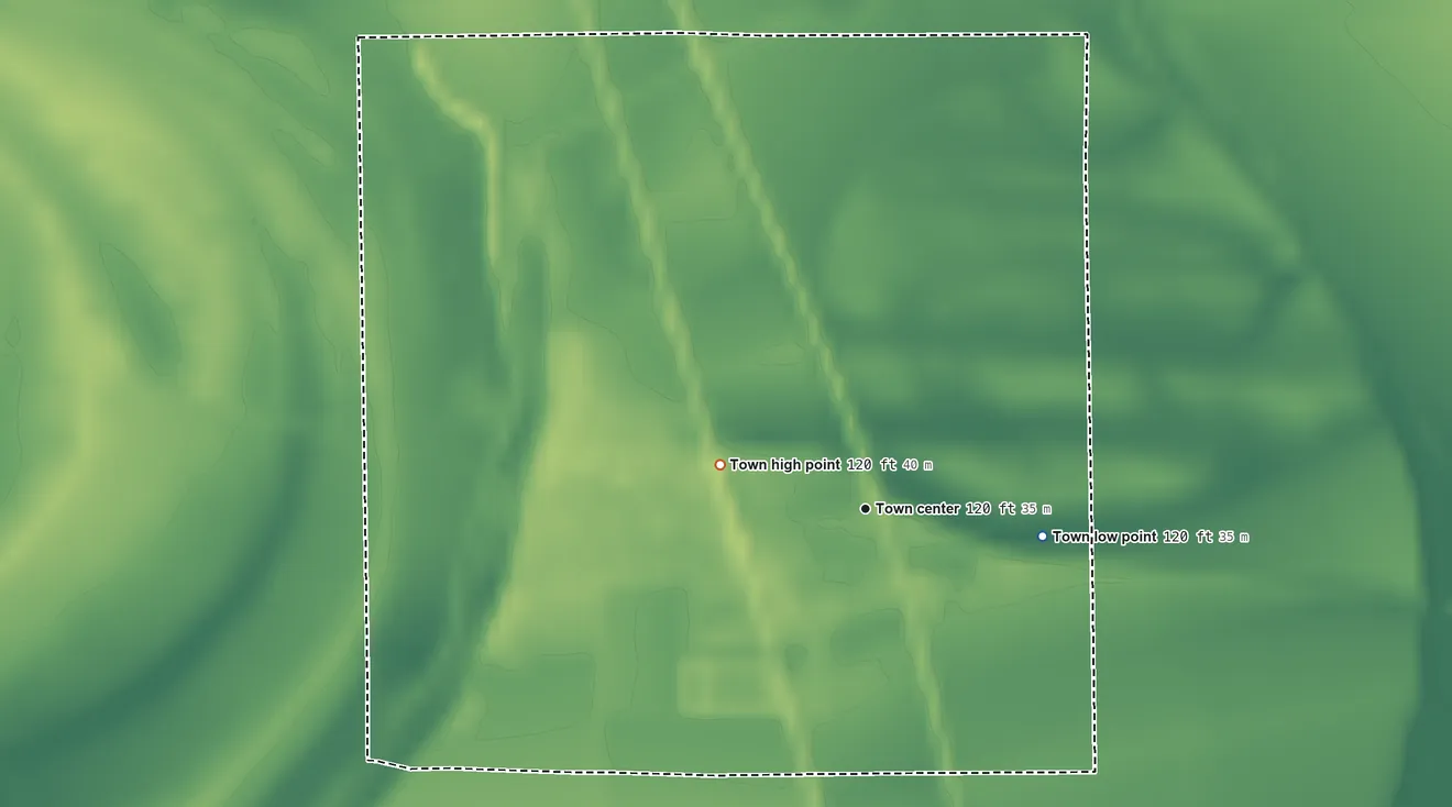 Topographic elevation map of Cruger, Mississippi, shaded from 120 ft on the east side to 120 ft on the west side