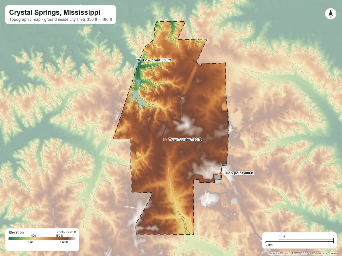 Topographic elevation map of Crystal Springs, Mississippi, shaded from 350 ft on the north side to 480 ft on the southeast side