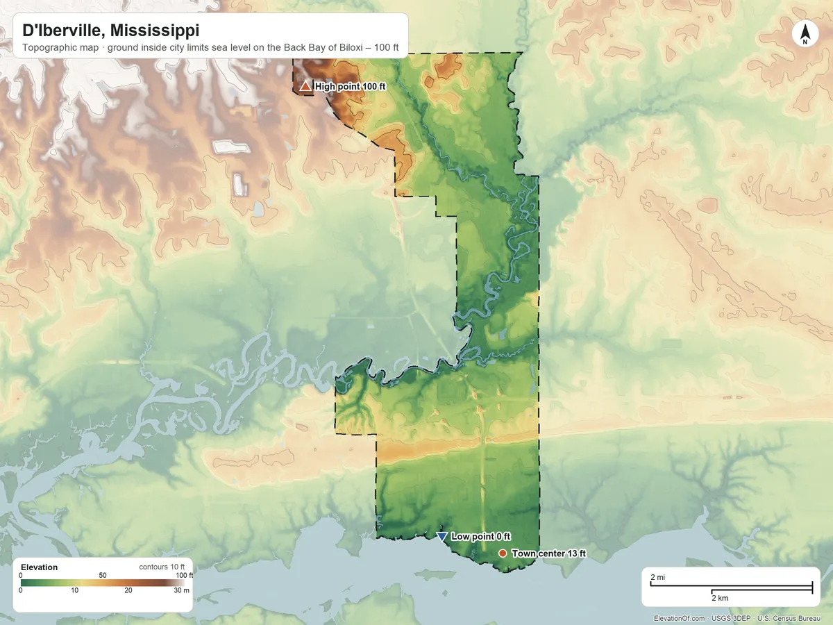 Topographic elevation map of D'Iberville, Mississippi, shaded from sea level level on the Back Bay of Biloxi to 100 ft on the northwest side