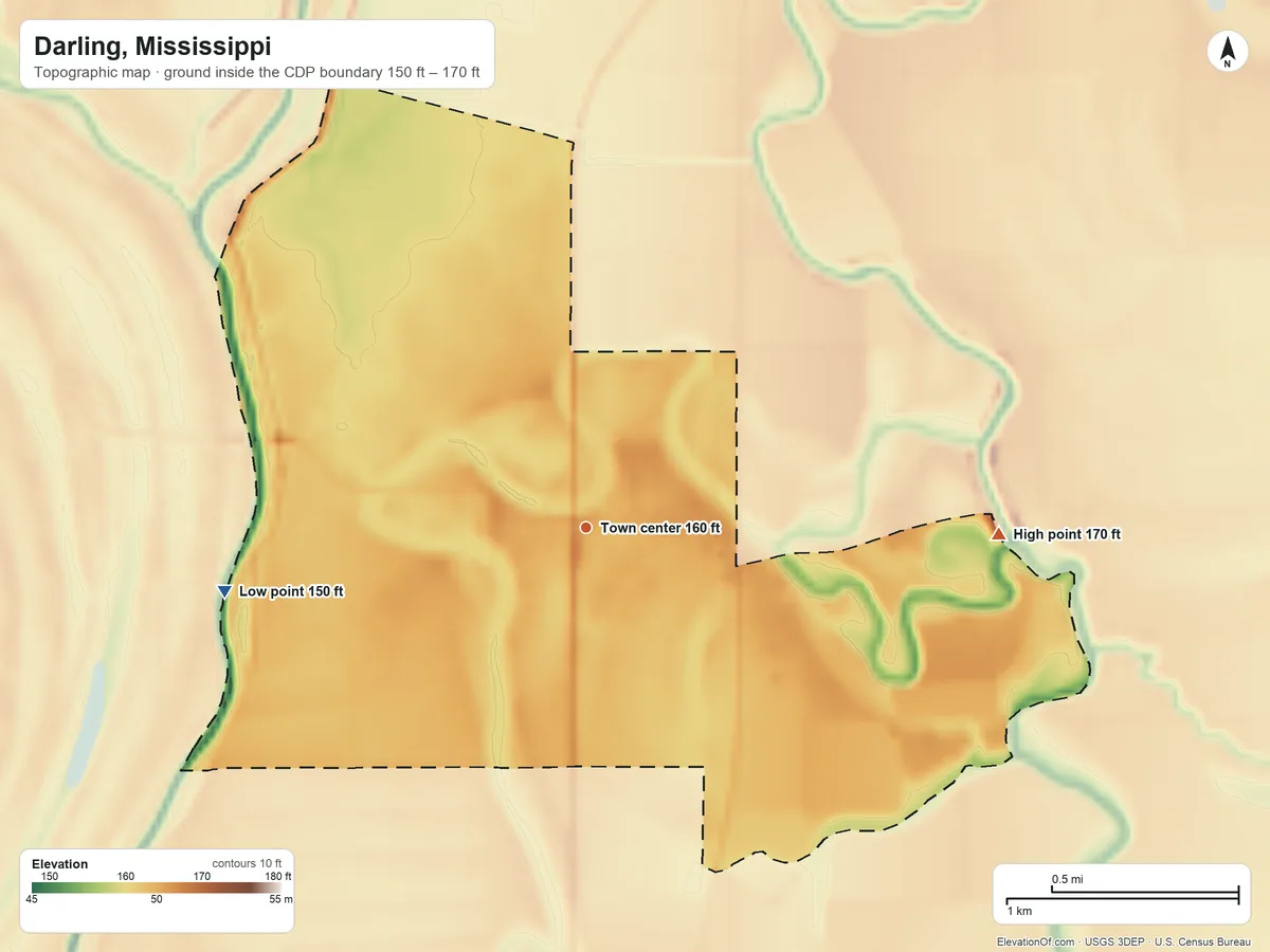 Topographic elevation map of Darling, Mississippi, shaded from 150 ft on the west side to 170 ft on the east side