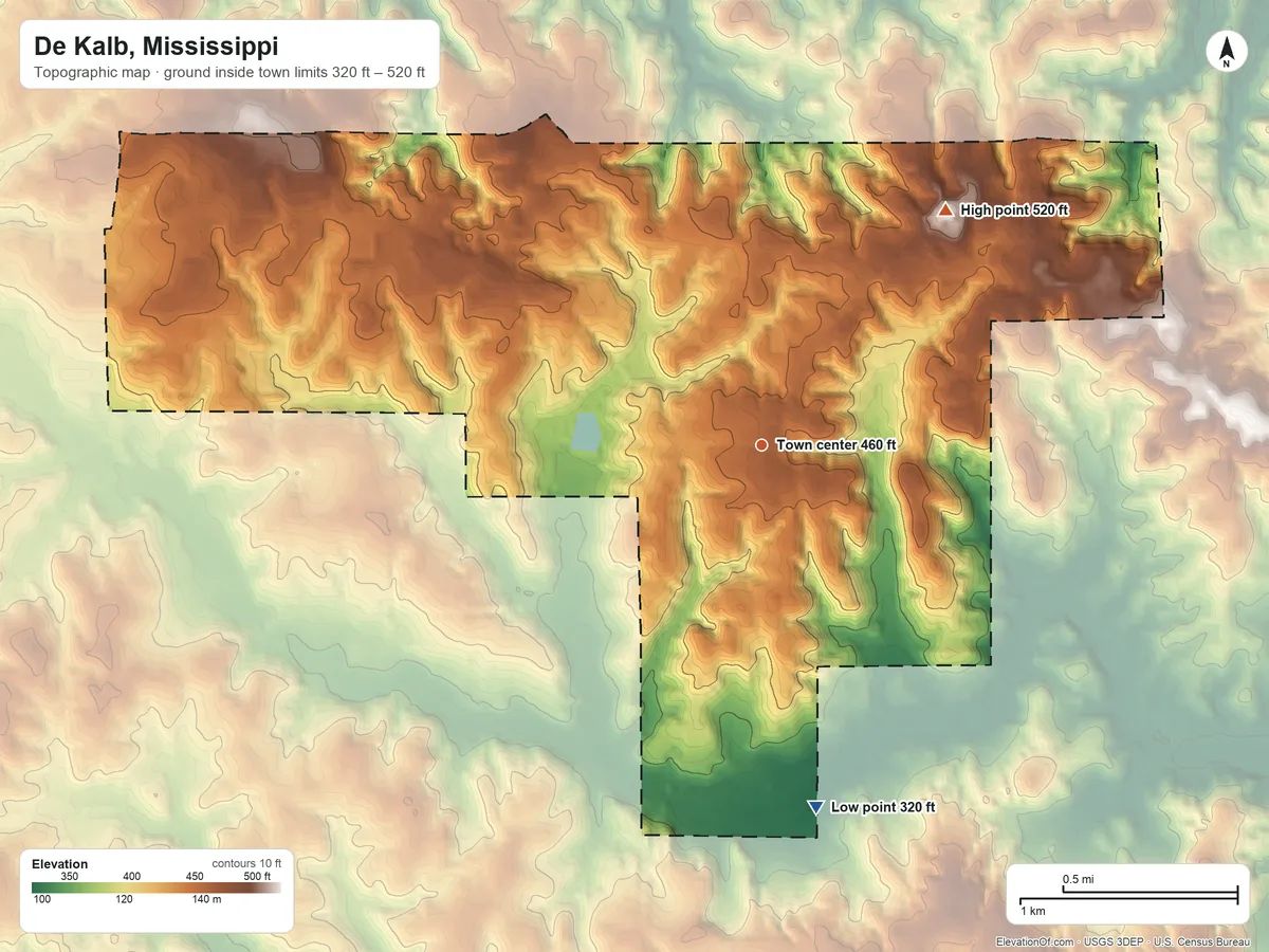 Topographic elevation map of De Kalb, Mississippi, shaded from 320 ft on the south side to 520 ft on the northeast side