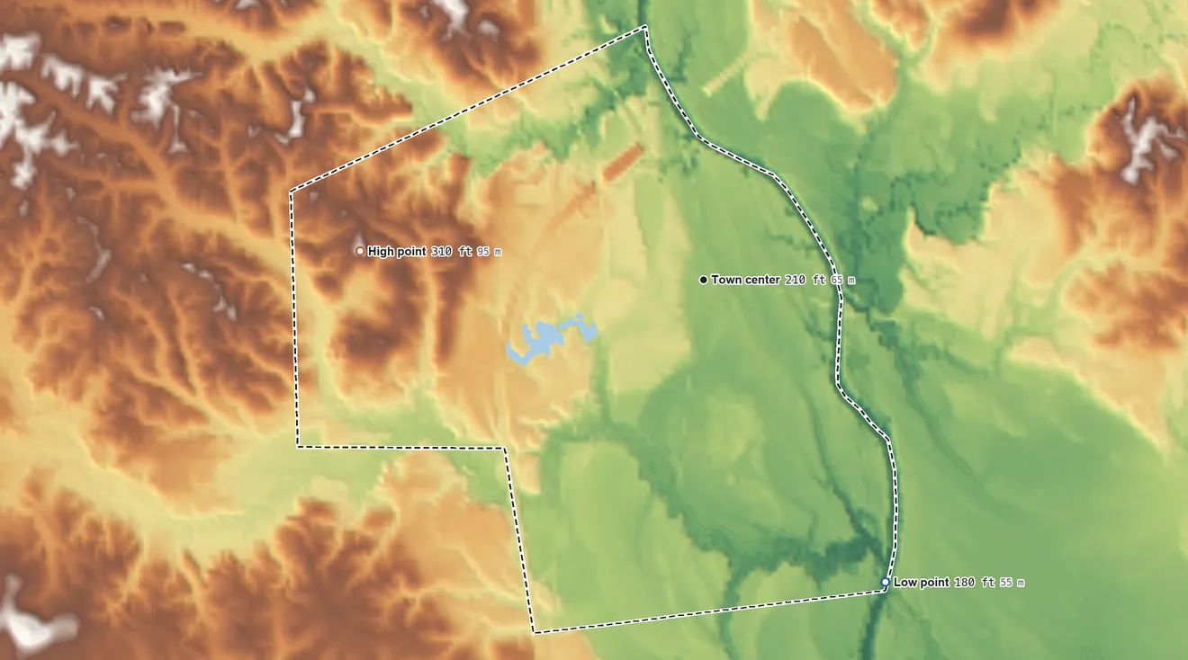 Topographic elevation map of De Soto, Mississippi, shaded from 180 ft on the southeast side to 310 ft on the west side