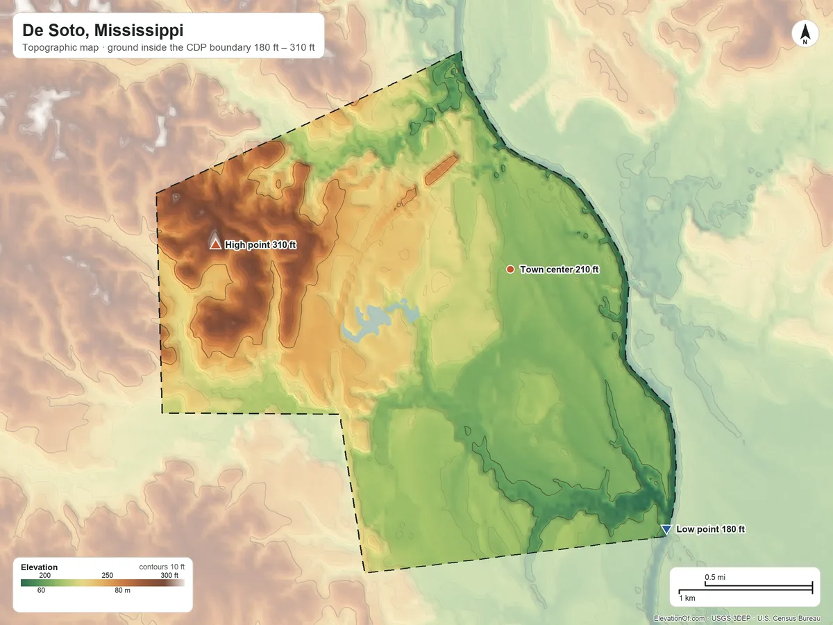 Topographic elevation map of De Soto, Mississippi, shaded from 180 ft on the southeast side to 310 ft on the west side