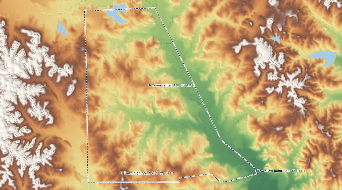Topographic elevation map of Decatur, Mississippi, shaded from 350 ft on the southeast side to 490 ft on the south side