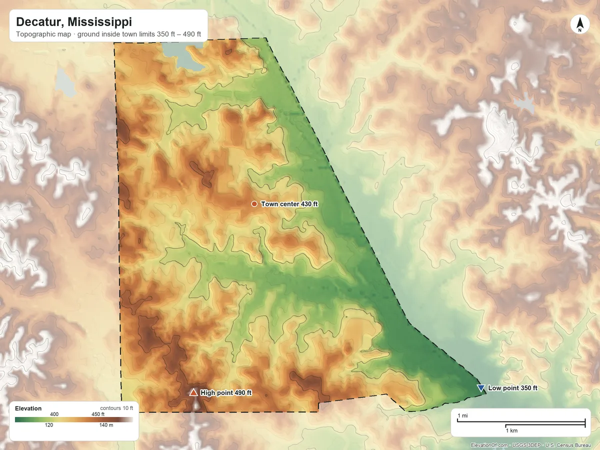 Topographic elevation map of Decatur, Mississippi, shaded from 350 ft on the southeast side to 490 ft on the south side