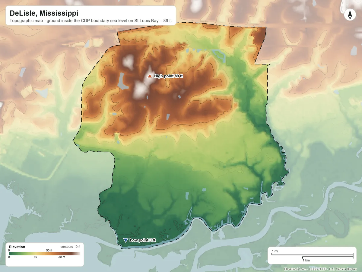 Topographic elevation map of DeLisle, Mississippi, shaded from sea level level on St. Louis Bay to 89 ft on the north side