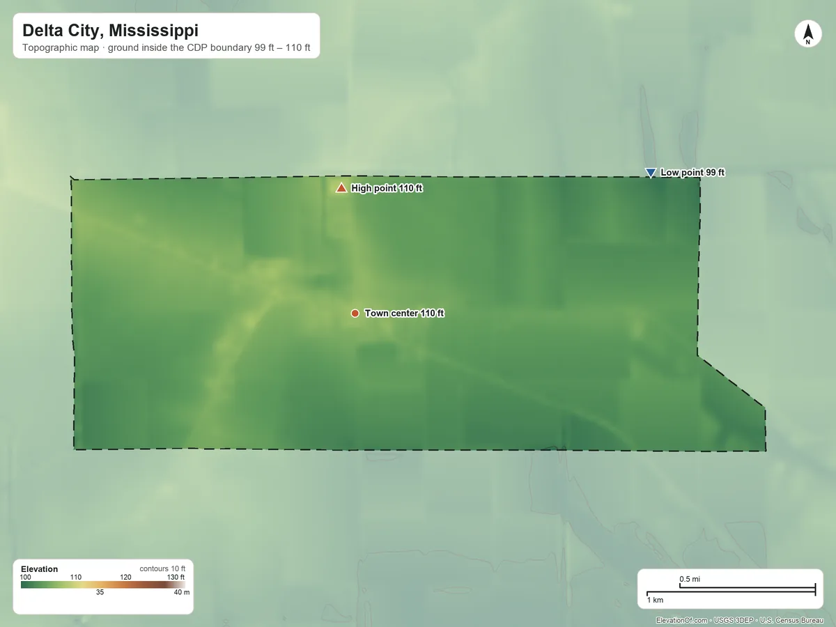 Topographic elevation map of Delta City, Mississippi, shaded from 99 ft on the northeast side to 110 ft on the north side
