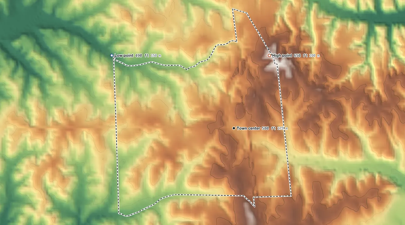 Topographic elevation map of Dennis, Mississippi, shaded from 490 ft on the northwest side to 650 ft on the northeast side