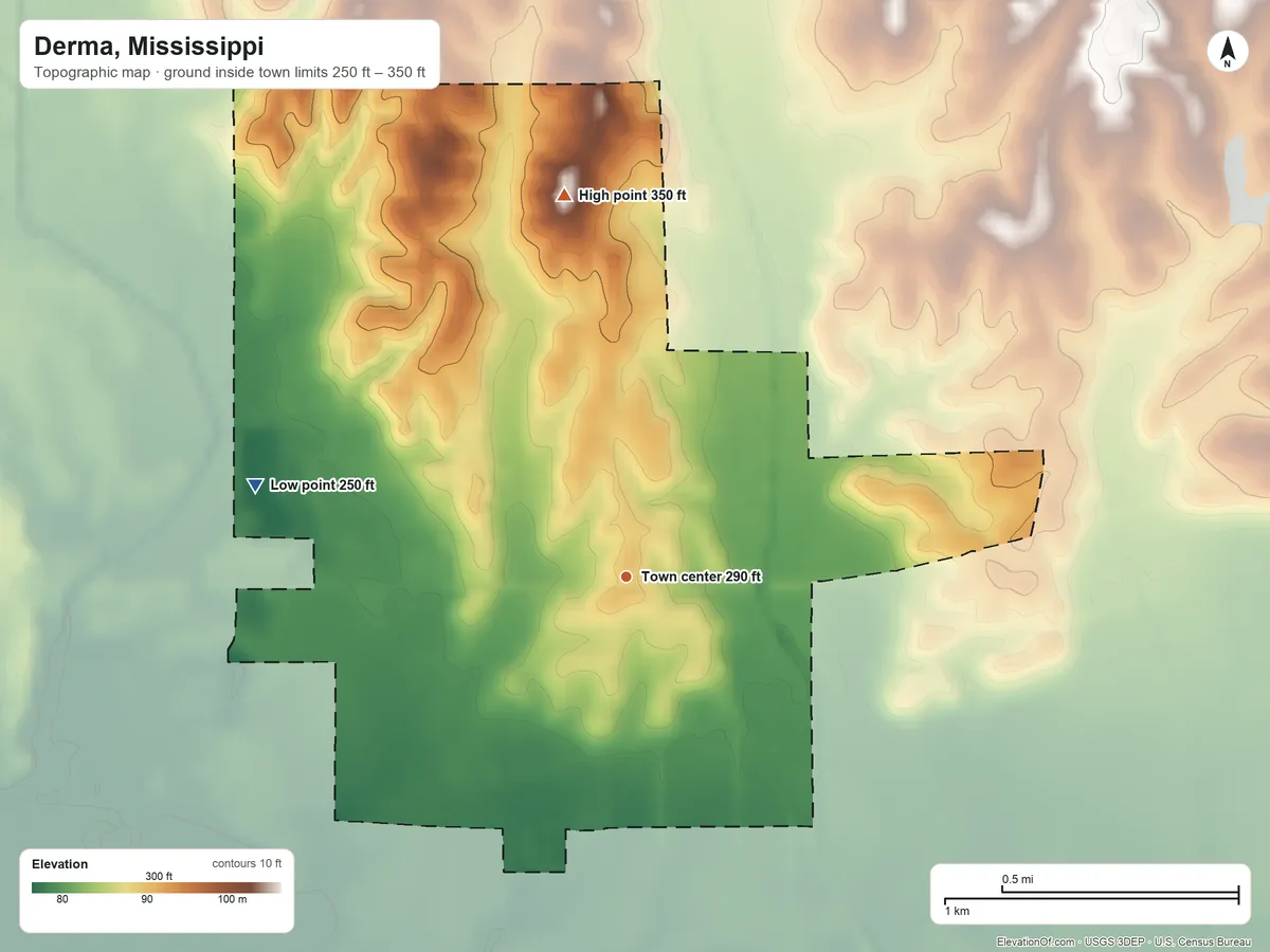 Topographic elevation map of Derma, Mississippi, shaded from 250 ft on the west side to 350 ft on the north side